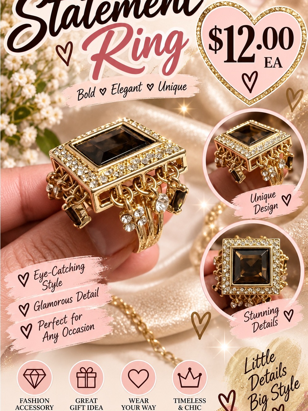 Gold Statement Ring with Smoky Brown Center